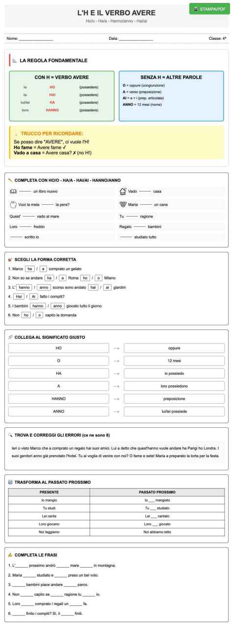 Scheda Ortografia h verbo avere