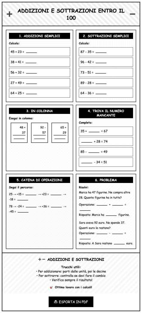 Scheda Addizioni sottrazioni 100