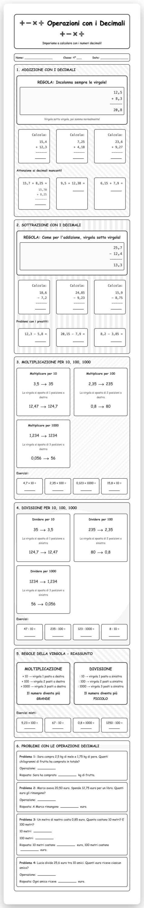 Scheda Operazioni decimali